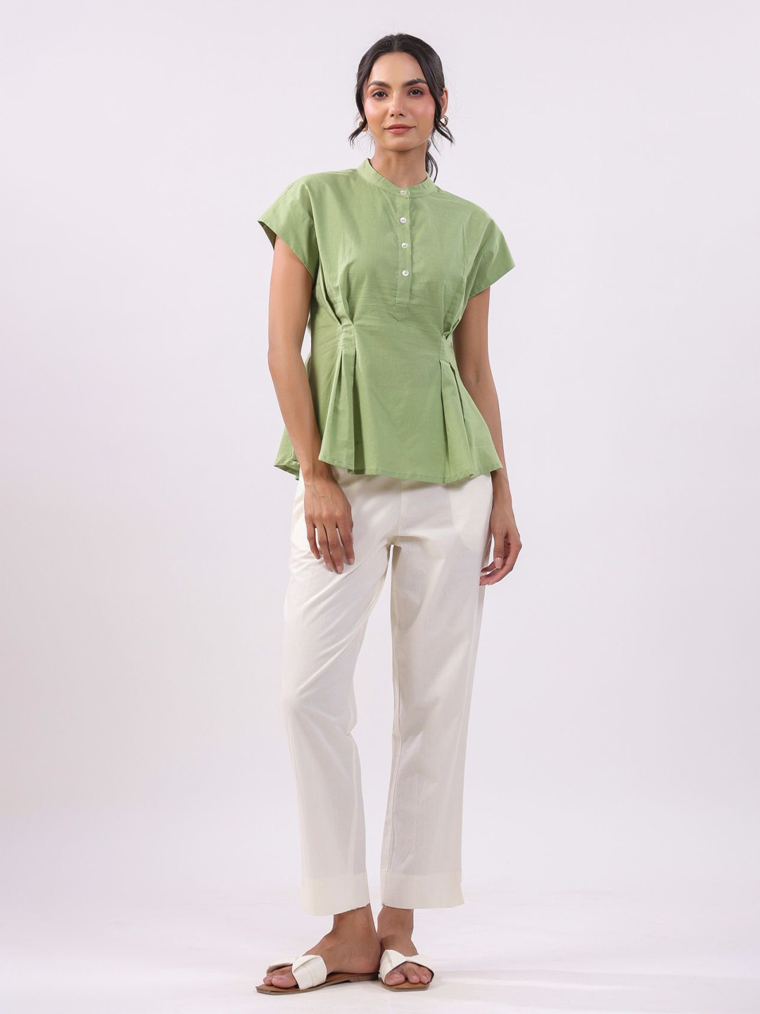

JISORA Women's Green Printed Cotton Top