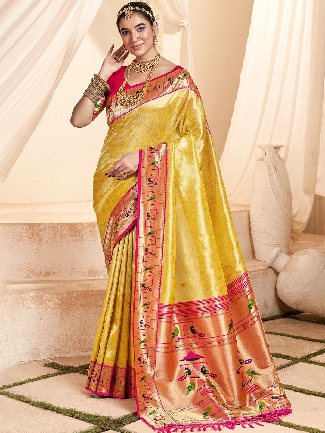 

MySilkLove Bee Yellow Zari Woven Paithani Tissue Saree