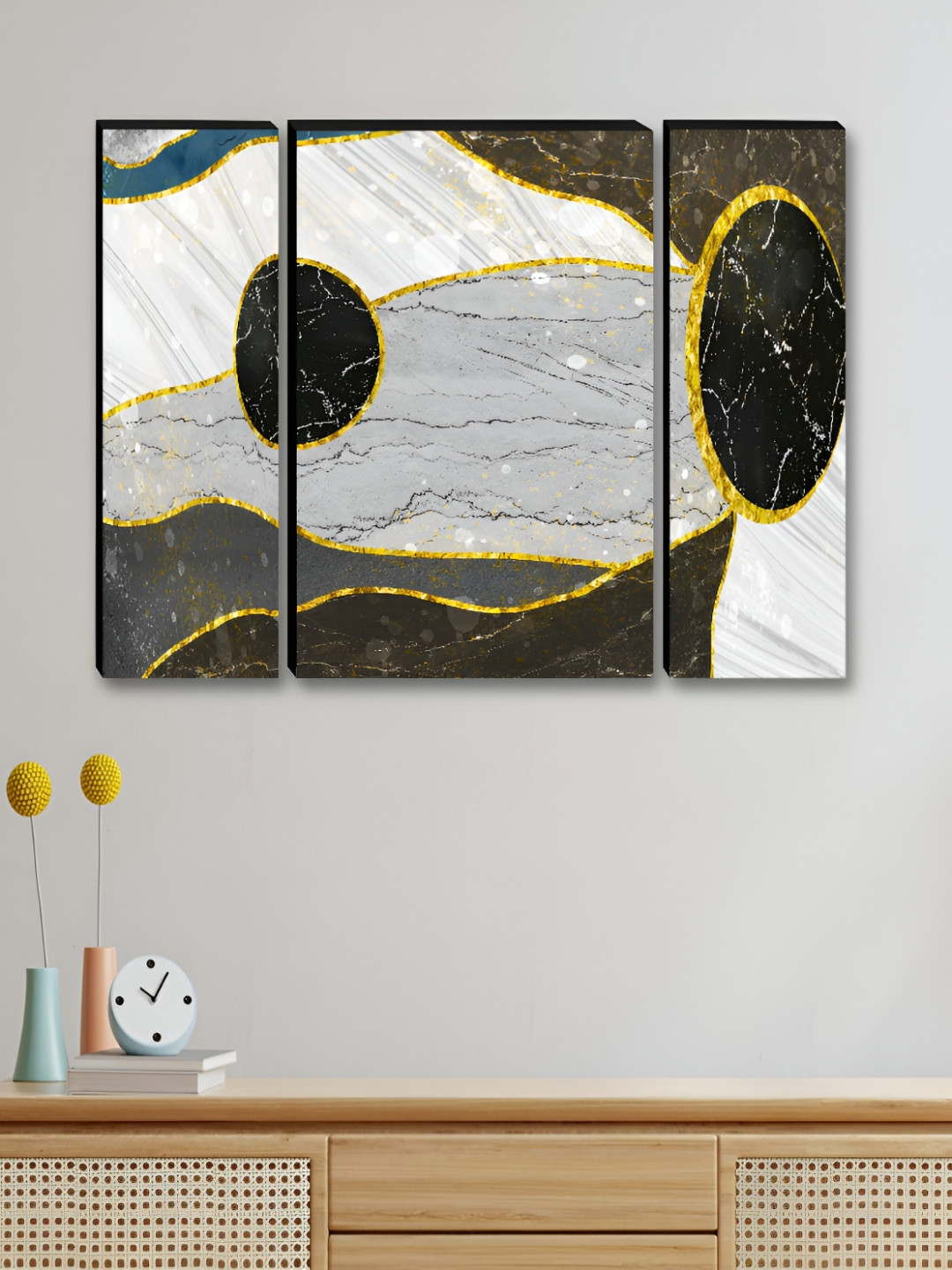 

Myntra Elegant Homes Grey & Gold-Toned 3 Pieces Abstract Printed Wall Art