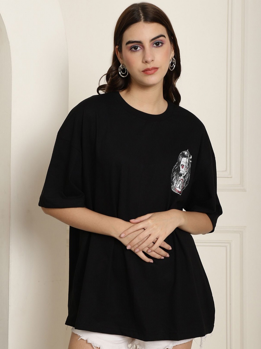 

Tromko Women Graphic Printed Round Neck Cotton Oversized T-shirt, Black