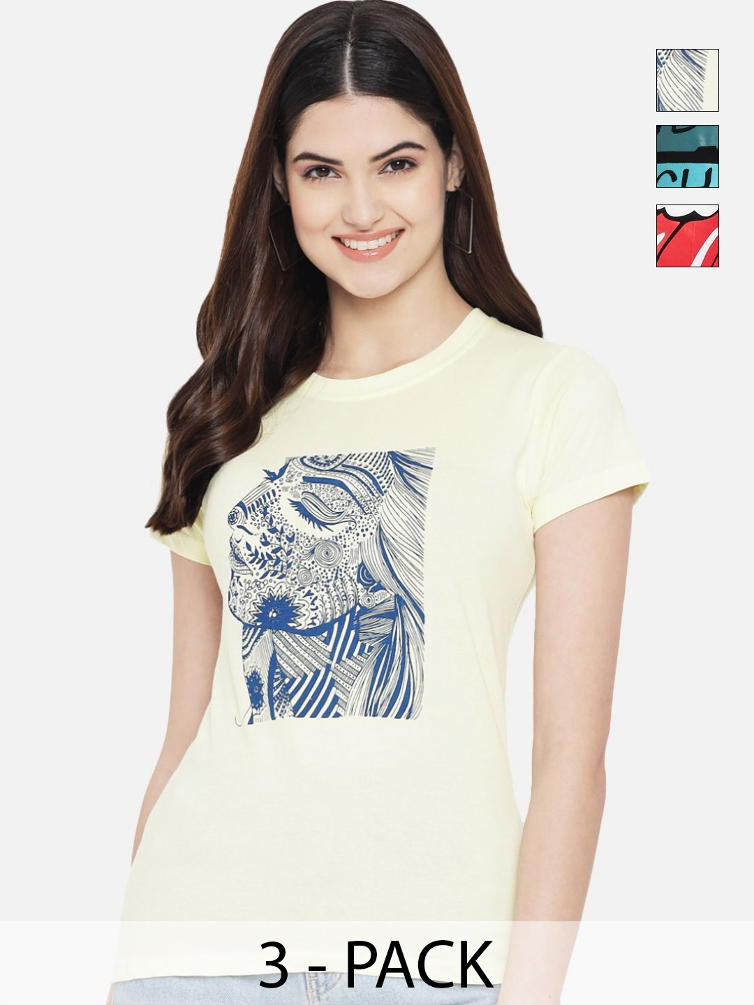 

Dreambe Women Pack of 3 Graphic Printed Round Neck Cotton T-shirts, Charcoal