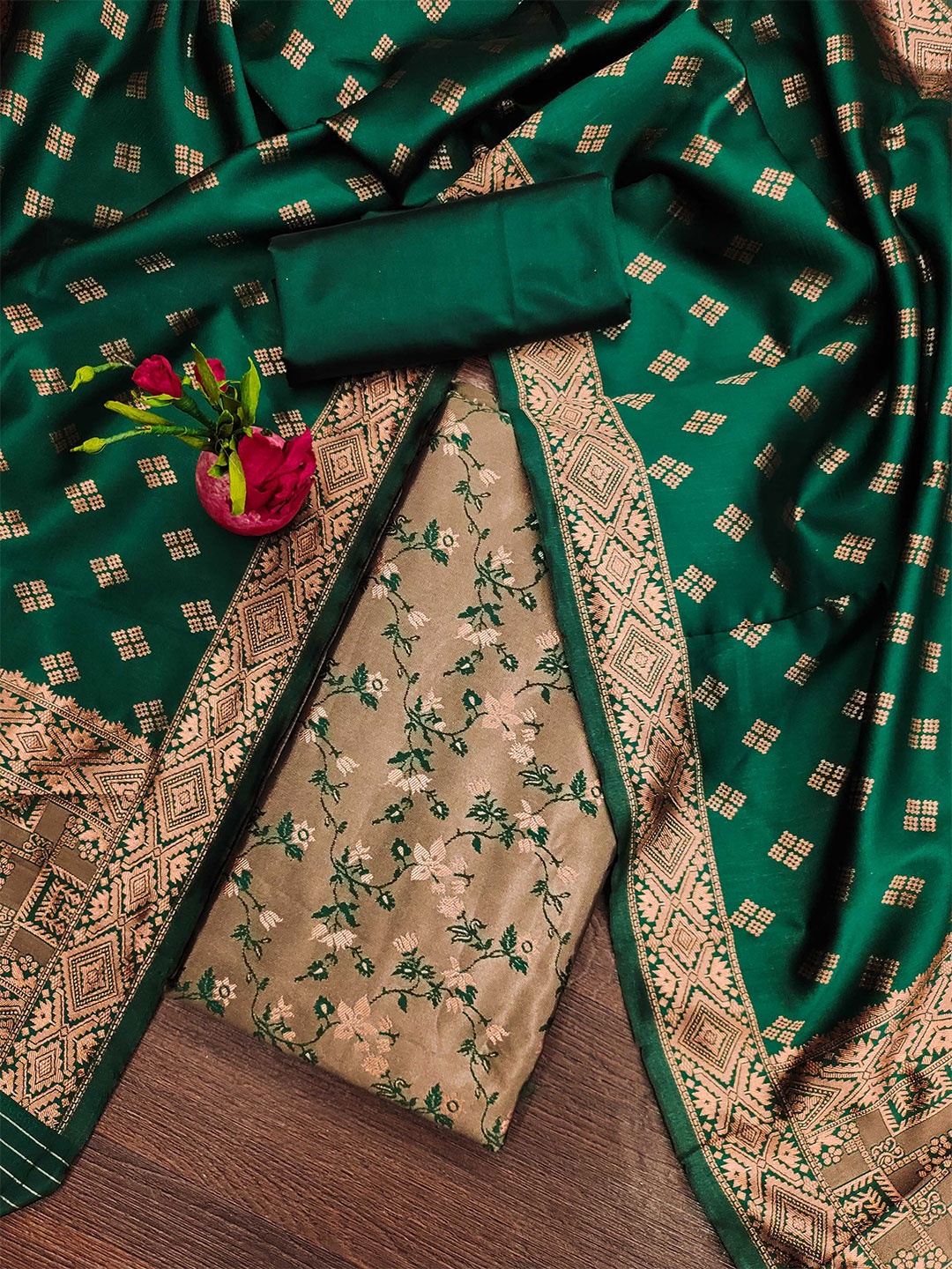 

Maroosh Floral Woven Design Zari Jacquard Silk Unstitched Dress Material, Green
