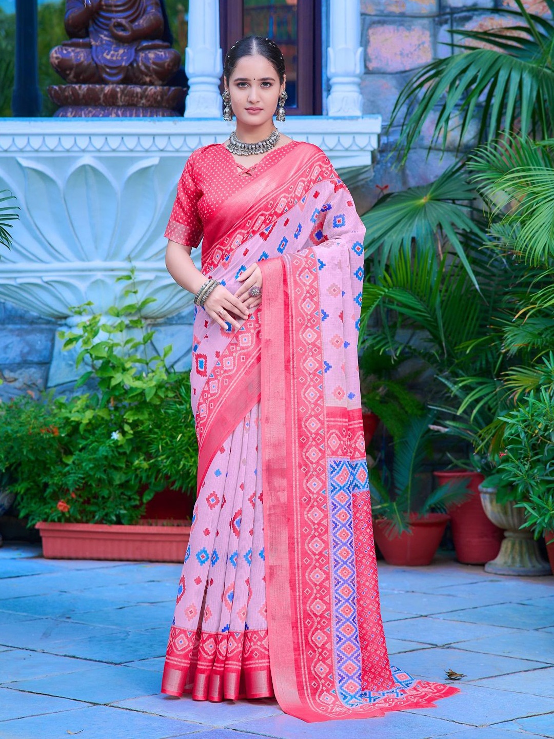 

Mitera Printed Zari Pure Cotton Saree, Pink