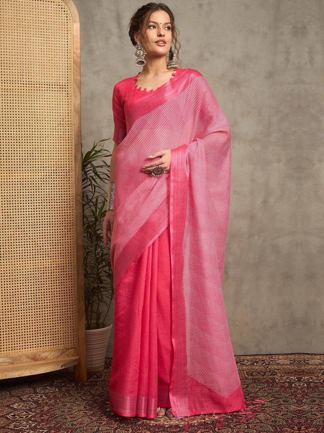 

Anouk Striped Zari Block Print Saree, Pink
