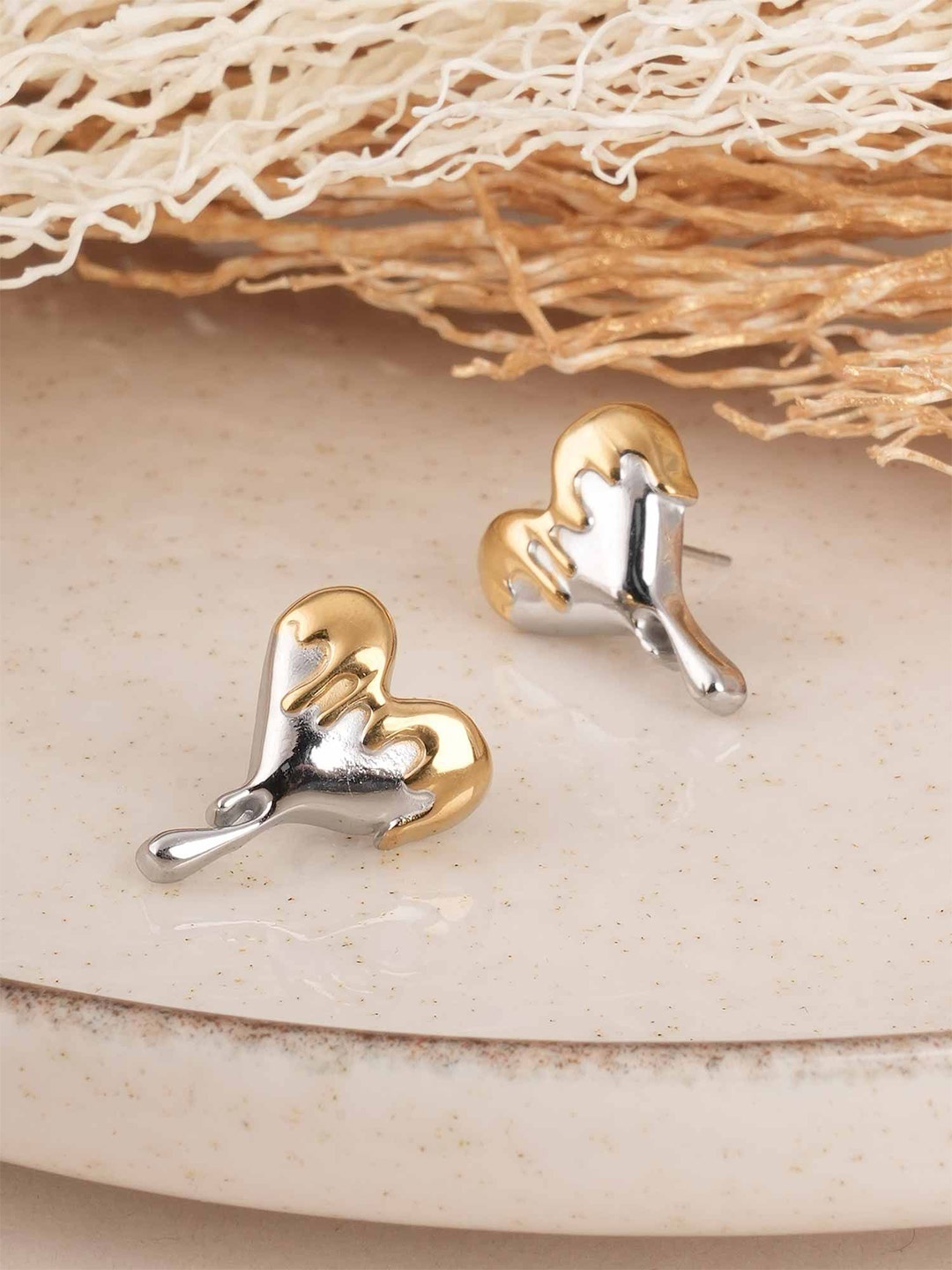 

PALMONAS Gold Plated Heart Shaped Bi Metal Dripping Heart Studs, Silver