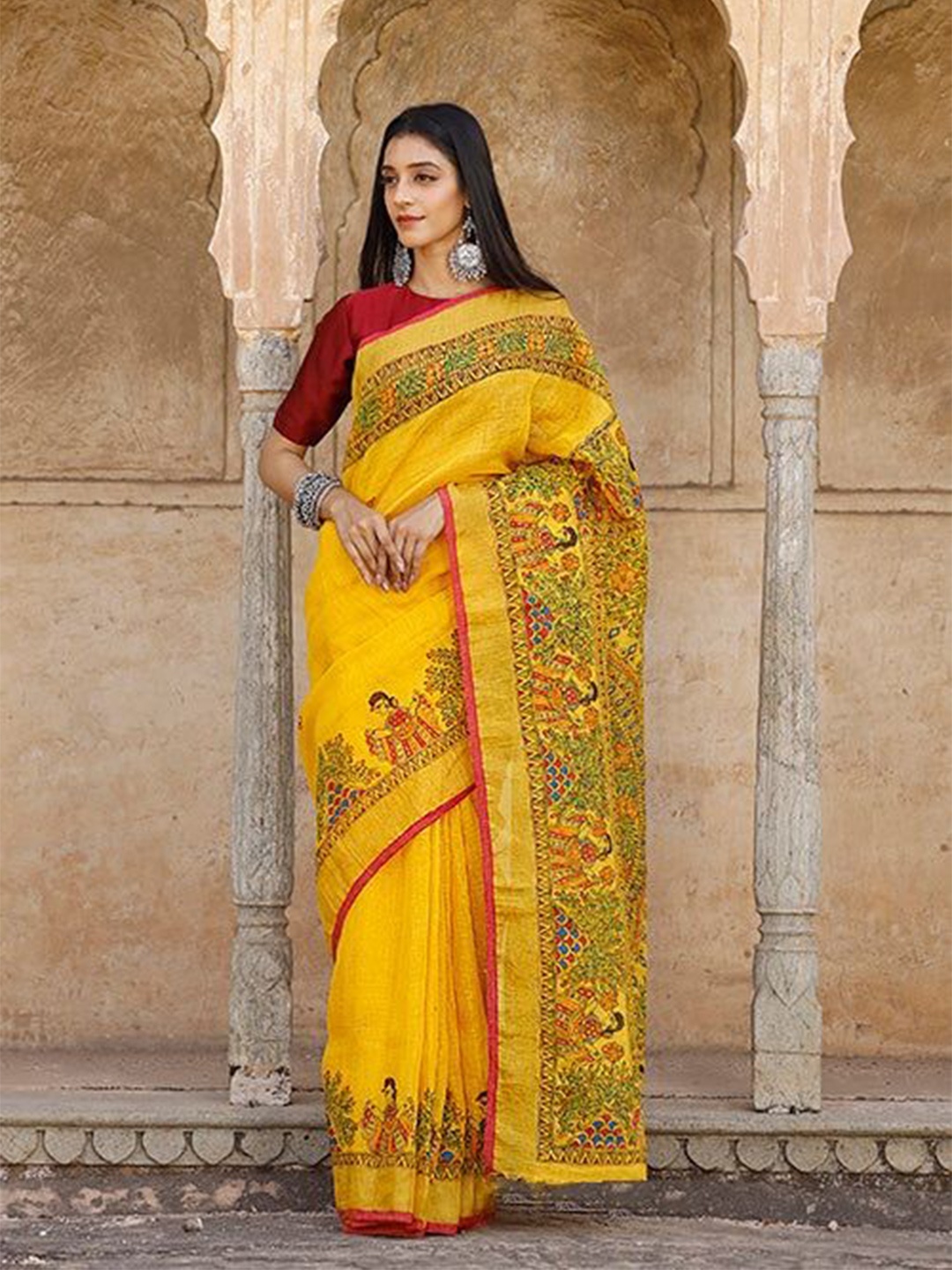 

Mitera Ethnic Motifs Printed Pure Cotton Saree, Yellow