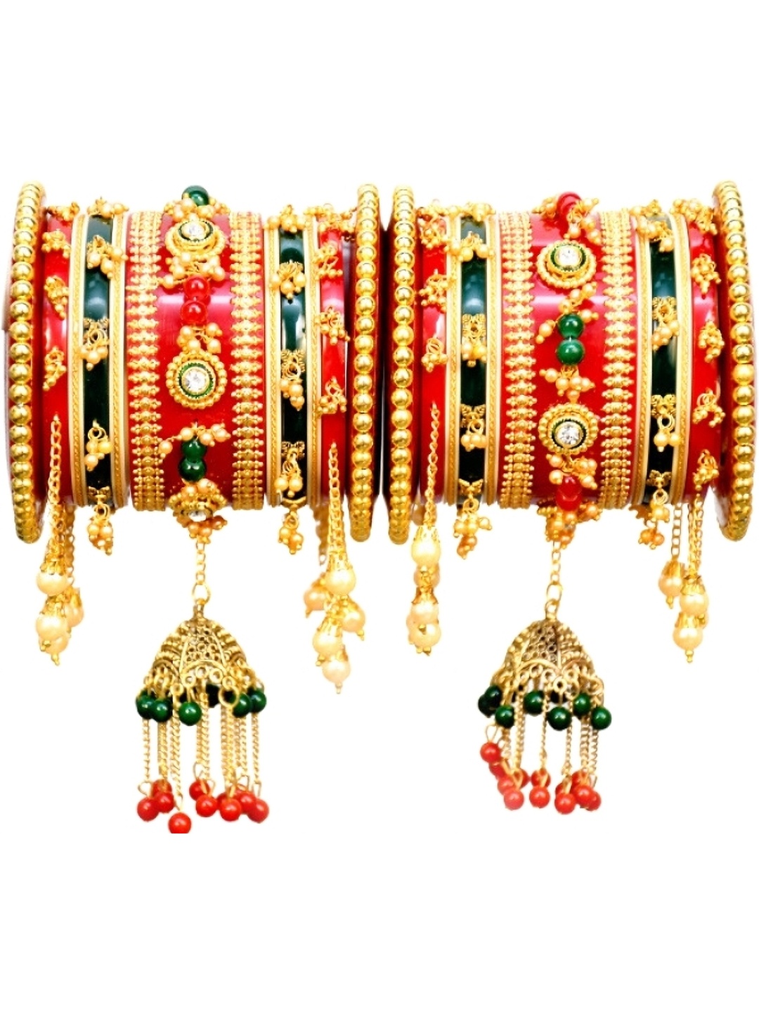 

Zindura Set Of 2 Gold-Plated Crystal Studded & Beaded Chuda Bangles