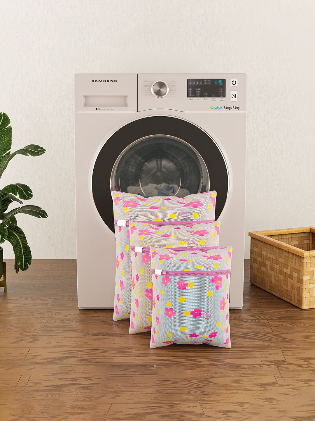 

Kuber Industries Pink 3 Pieces Sunflower Designed Reusable Laundry Bags With Zipper