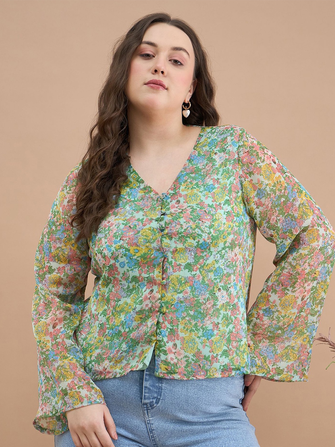 

KIBO CURVE Women Plus Size Floral Printed V-Neck Flared Sleeves Shirt Style Crop Top, Green