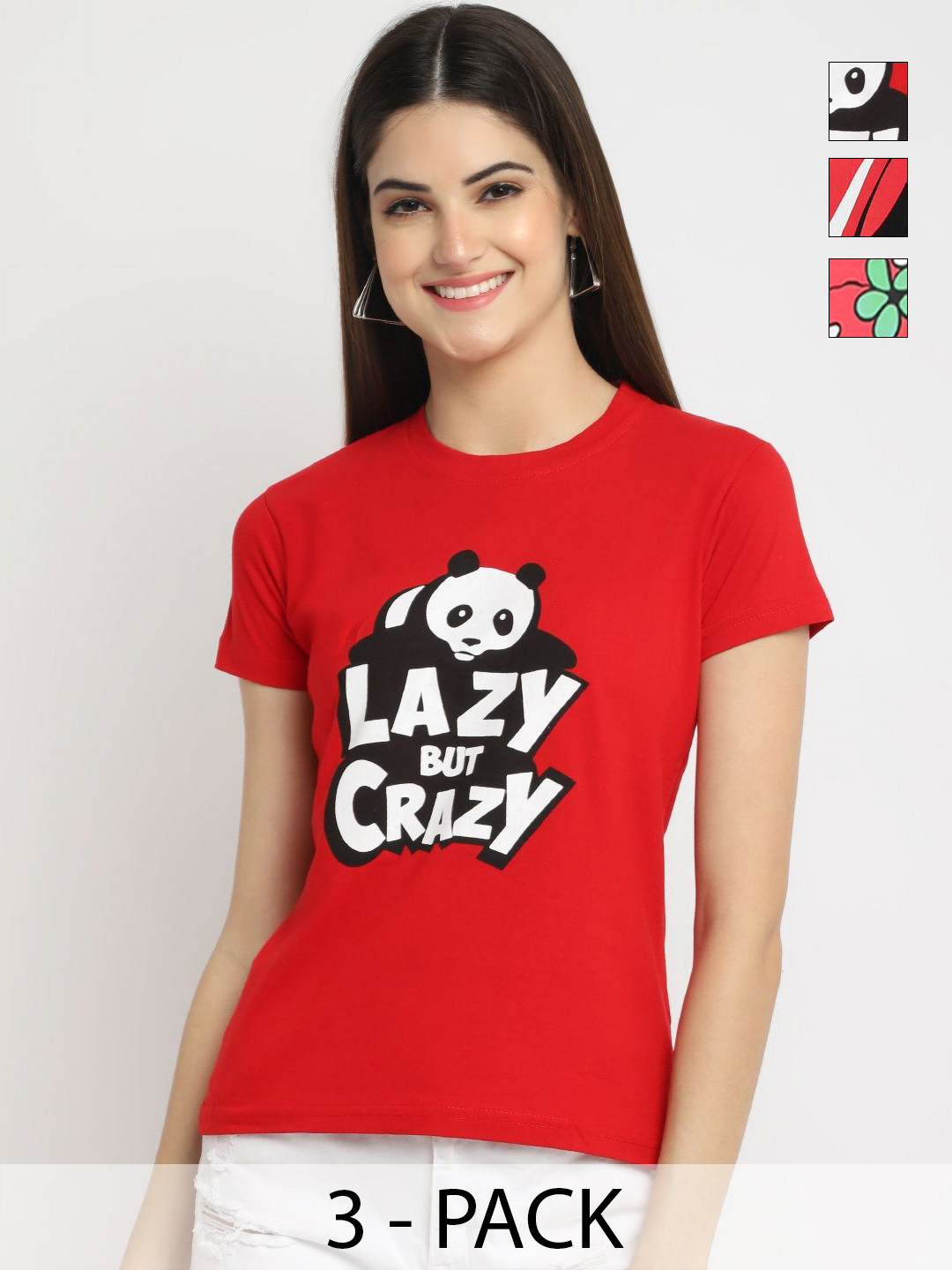 

Dreambe Women Pack of 3 Graphic Printed Round Neck Cotton T-shirts, Red