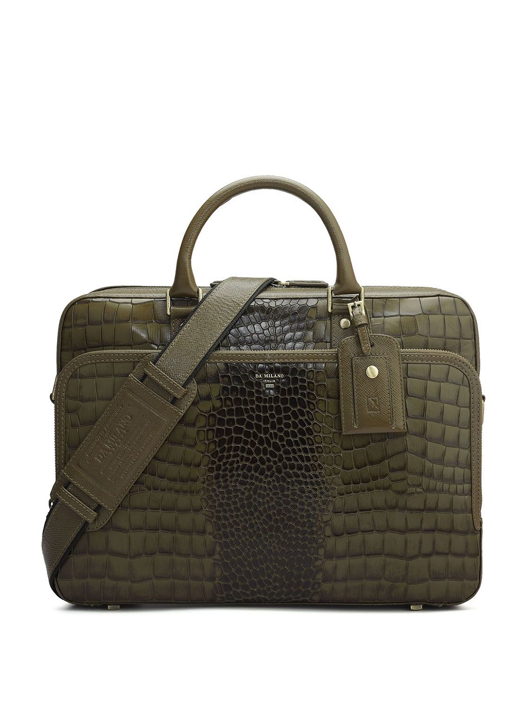 

Da Milano Men Textured Leather Laptop Bag, Green