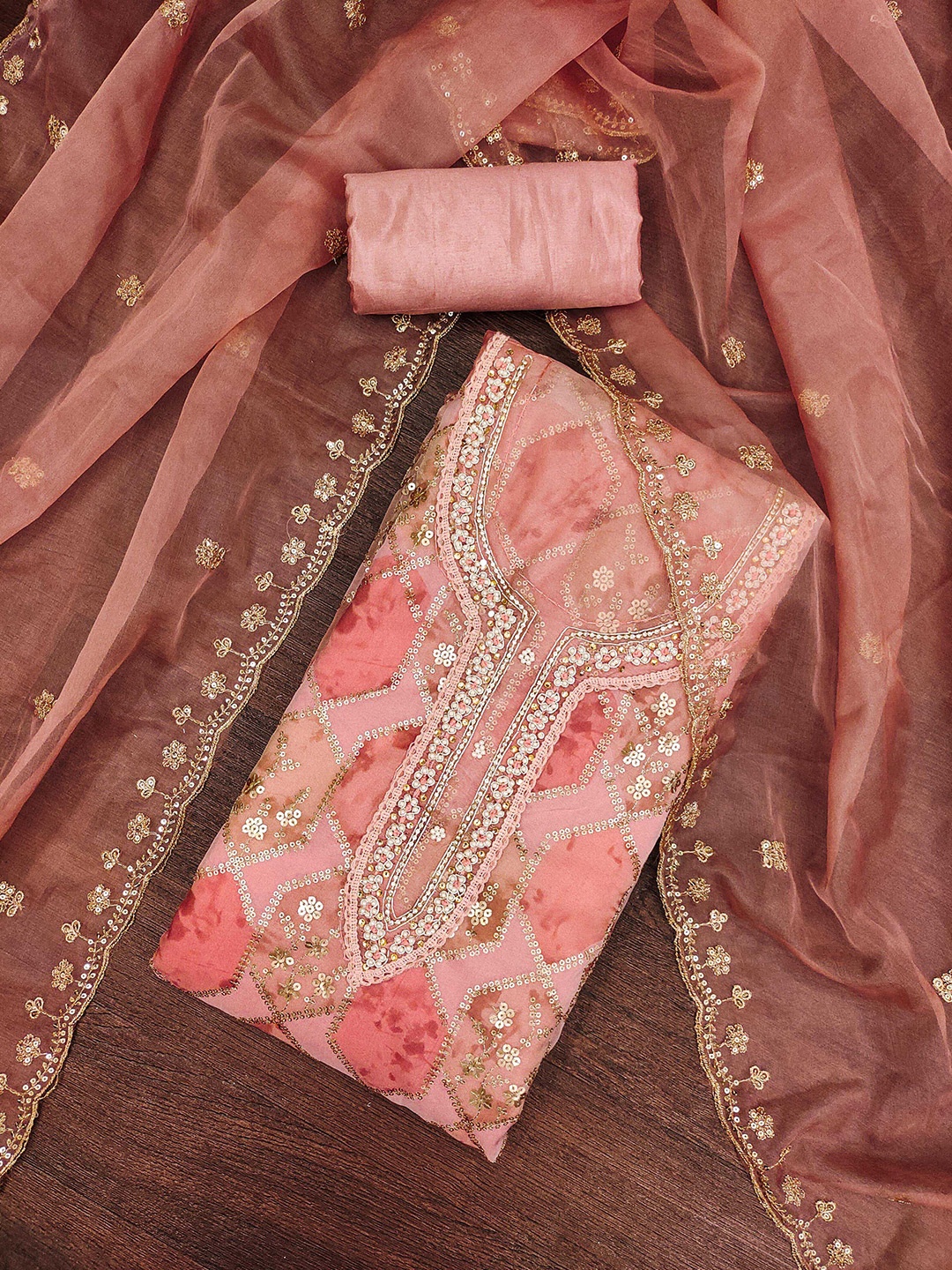 

SHADOW & SAINING Floral Embellished Organza Unstitched Dress Material, Peach