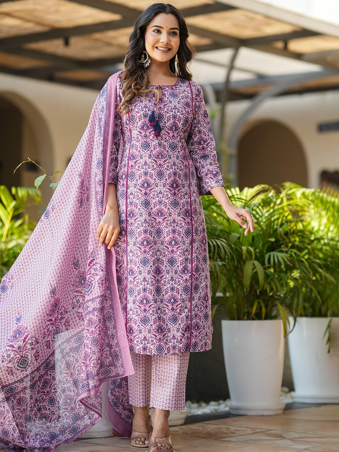 

MissKurti Motifs Printed Sequinned Tie-Up Neck Pure Cotton Kurta With Trousers & Dupatta, Purple