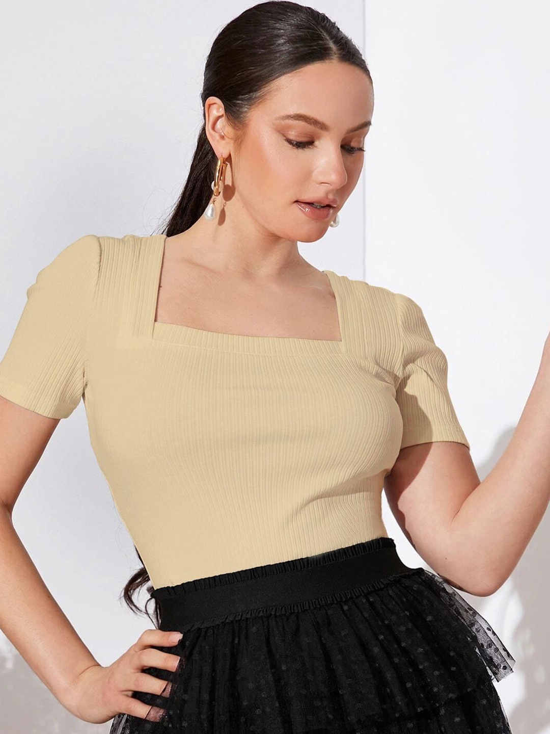 

Sugathari Women Ribbed Square Neck Fitted Top, Nude
