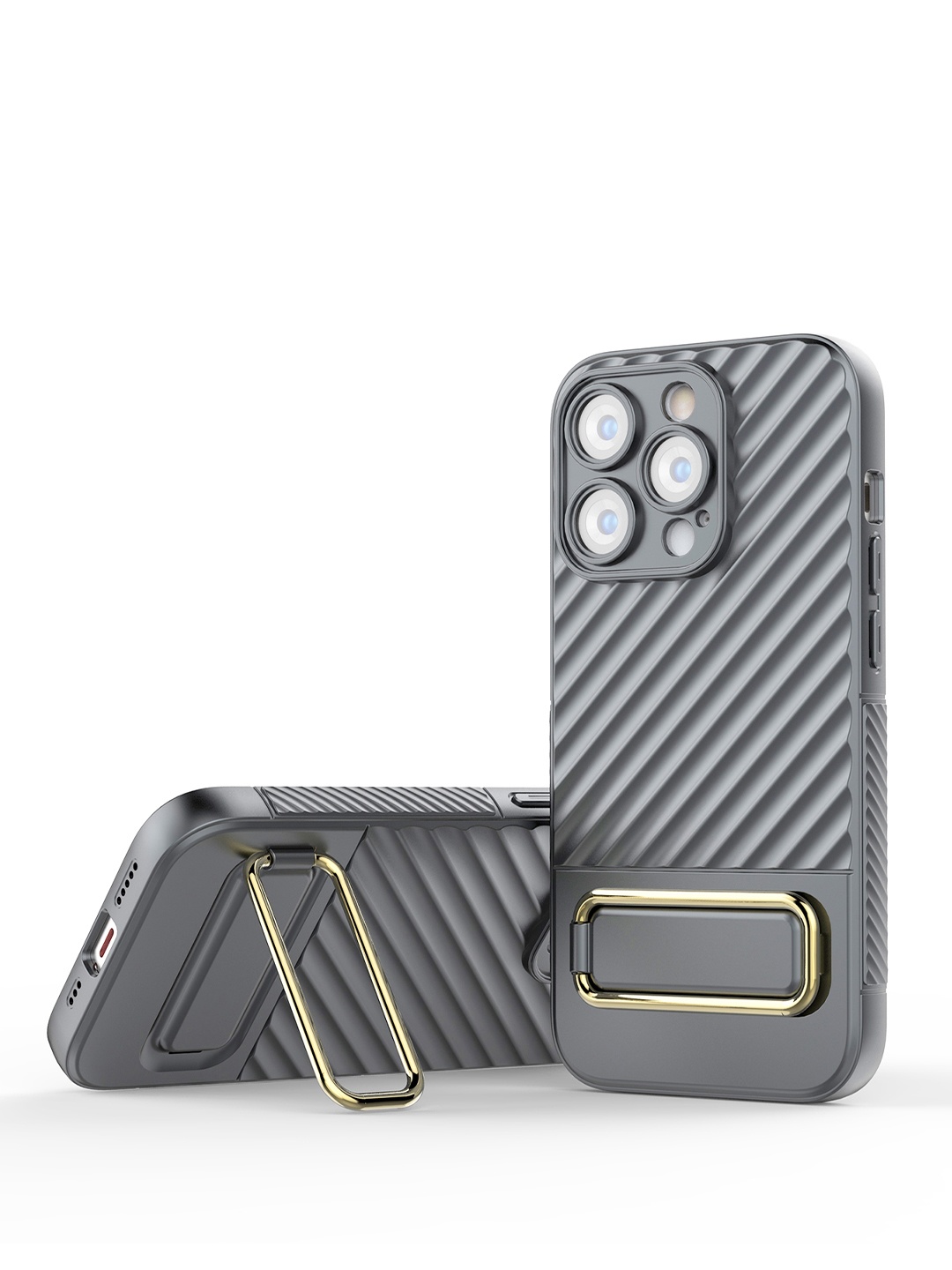 

QRIOH Solid iPhone 14 Pro Back Case with Gold Metal Kickstand, Grey