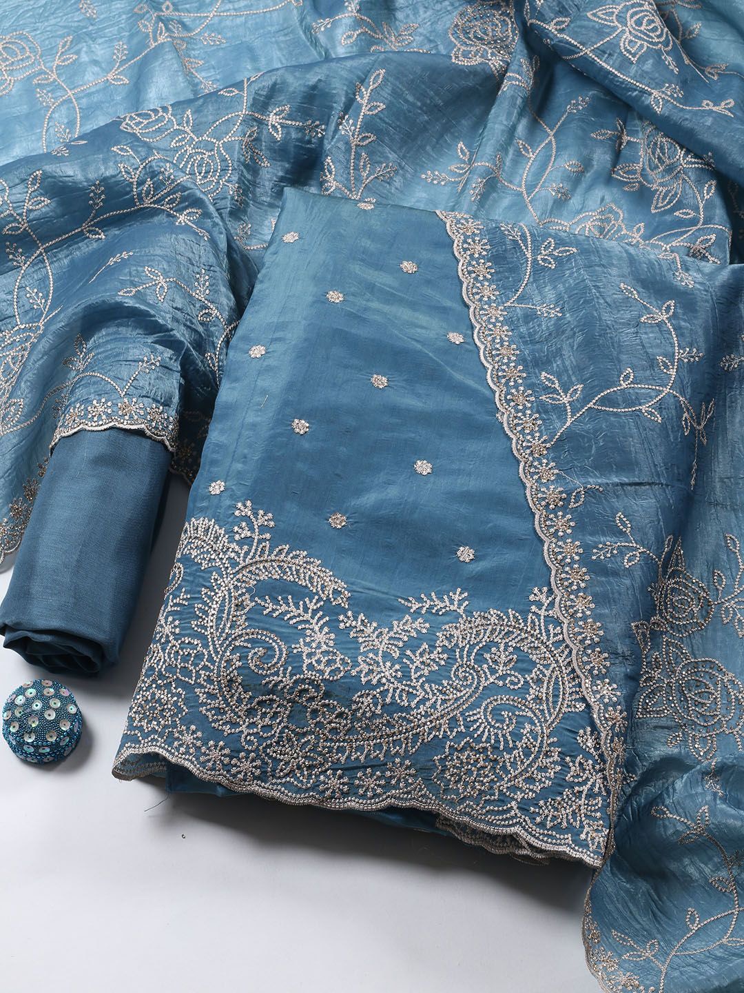 

Meena Bazaar Floral Embroidered Thread Work Unstitched Dress Material, Blue
