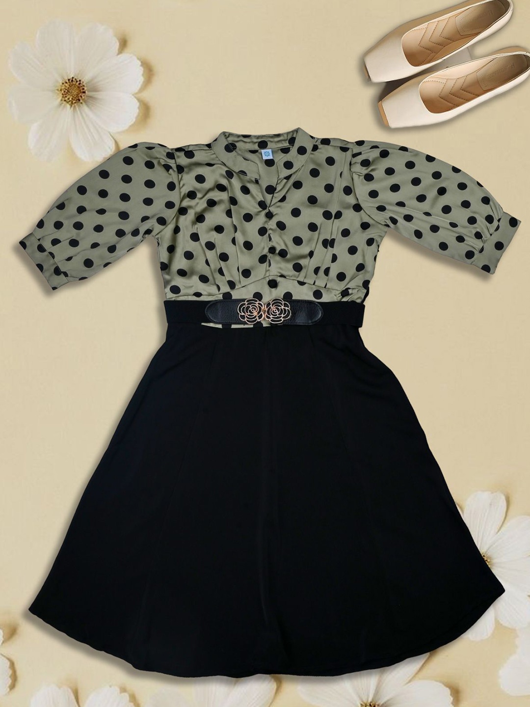 

we11 Polka Dots Print Puff Sleeve Crepe Fit & Flare Dress, Black