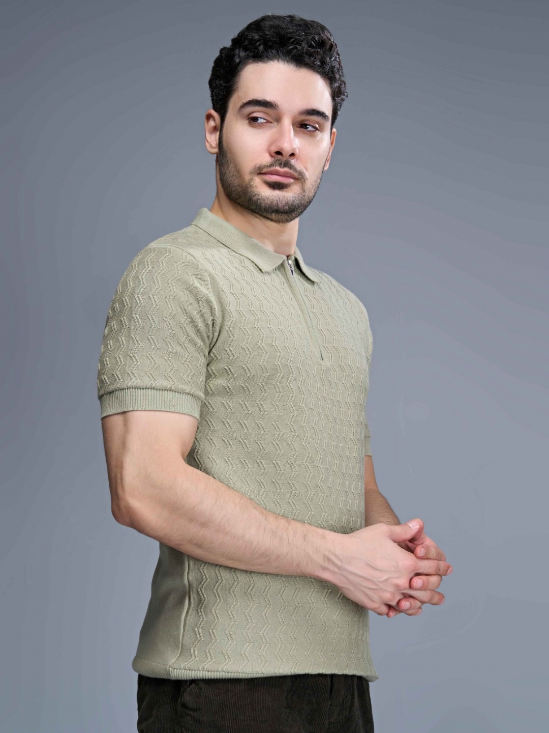 

MAXZONE Luxe Self Design Polo Collar Short Sleeves Pure Cotton T-shirt, Green