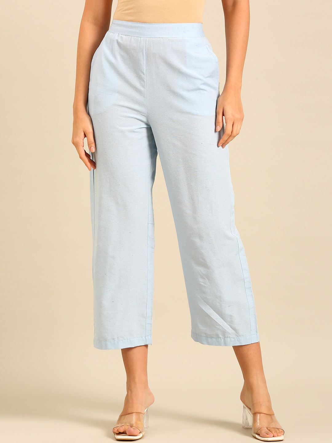 

De Moza Women Wide Leg Mid-Rise Regular Fit Trousers, Blue