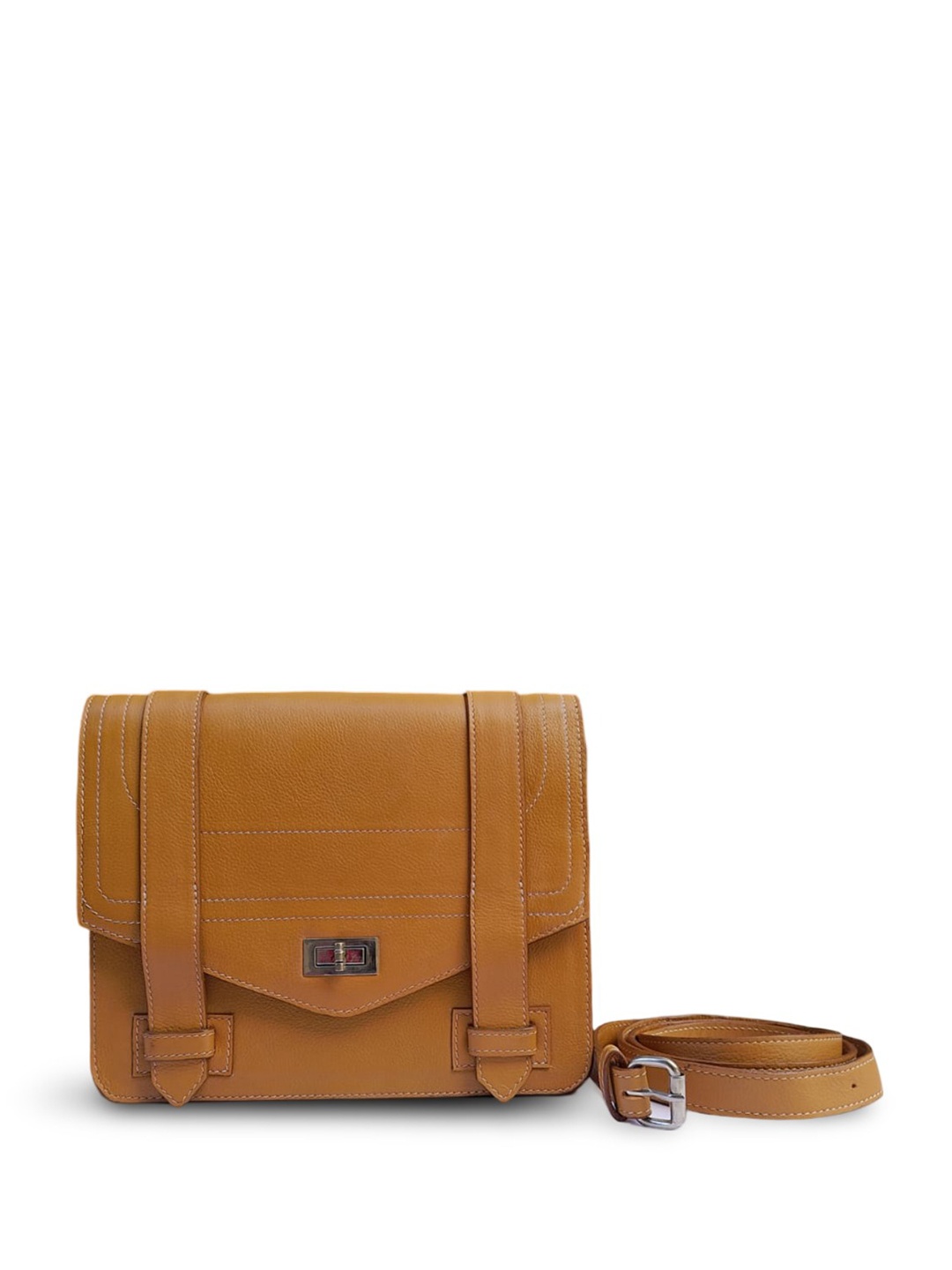 

PERKED Women Solid Structured Leather Sling Bag, Tan