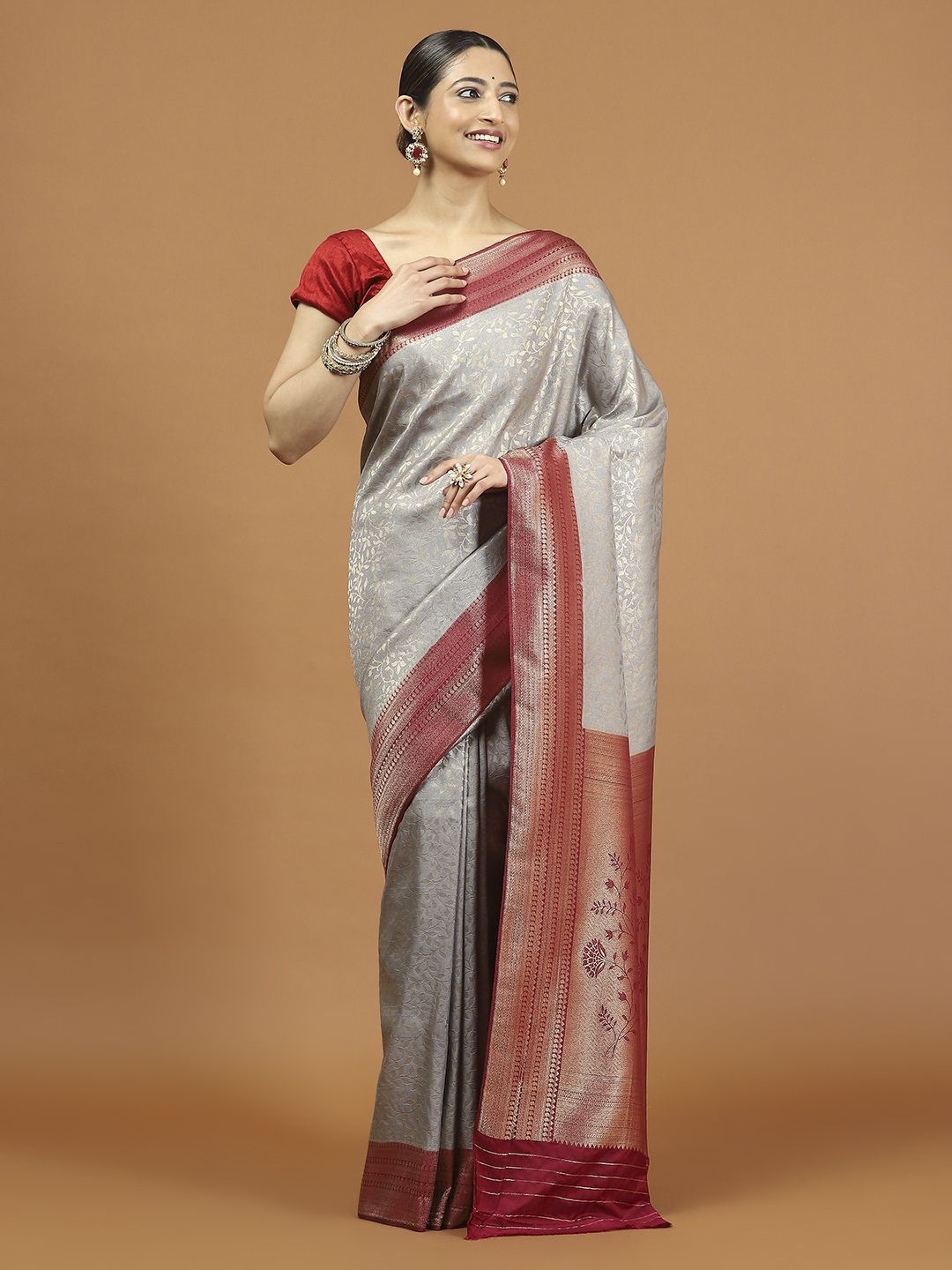 

Meena Bazaar Woven Design Zari Saree With Unstitched Blouse Piece, Grey