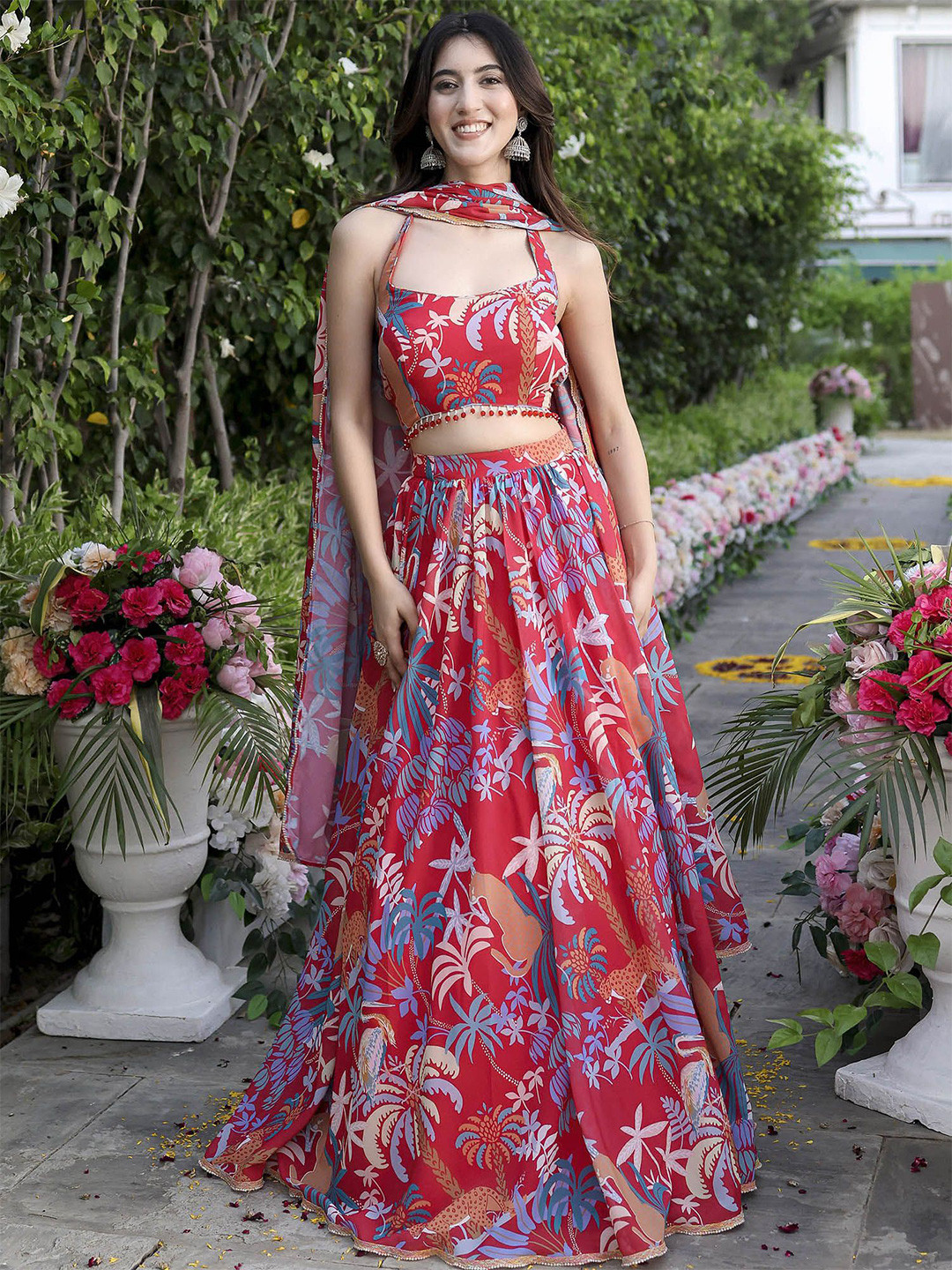 

Kaizen TEXO FAB Floral Printed Semi-Stitched Lehenga & Unstitched Blouse With Dupatta, Red