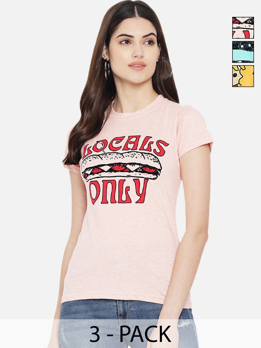 

Dreambe Women Pack of 3 Graphic Printed Round Neck Cotton T-shirts, Peach