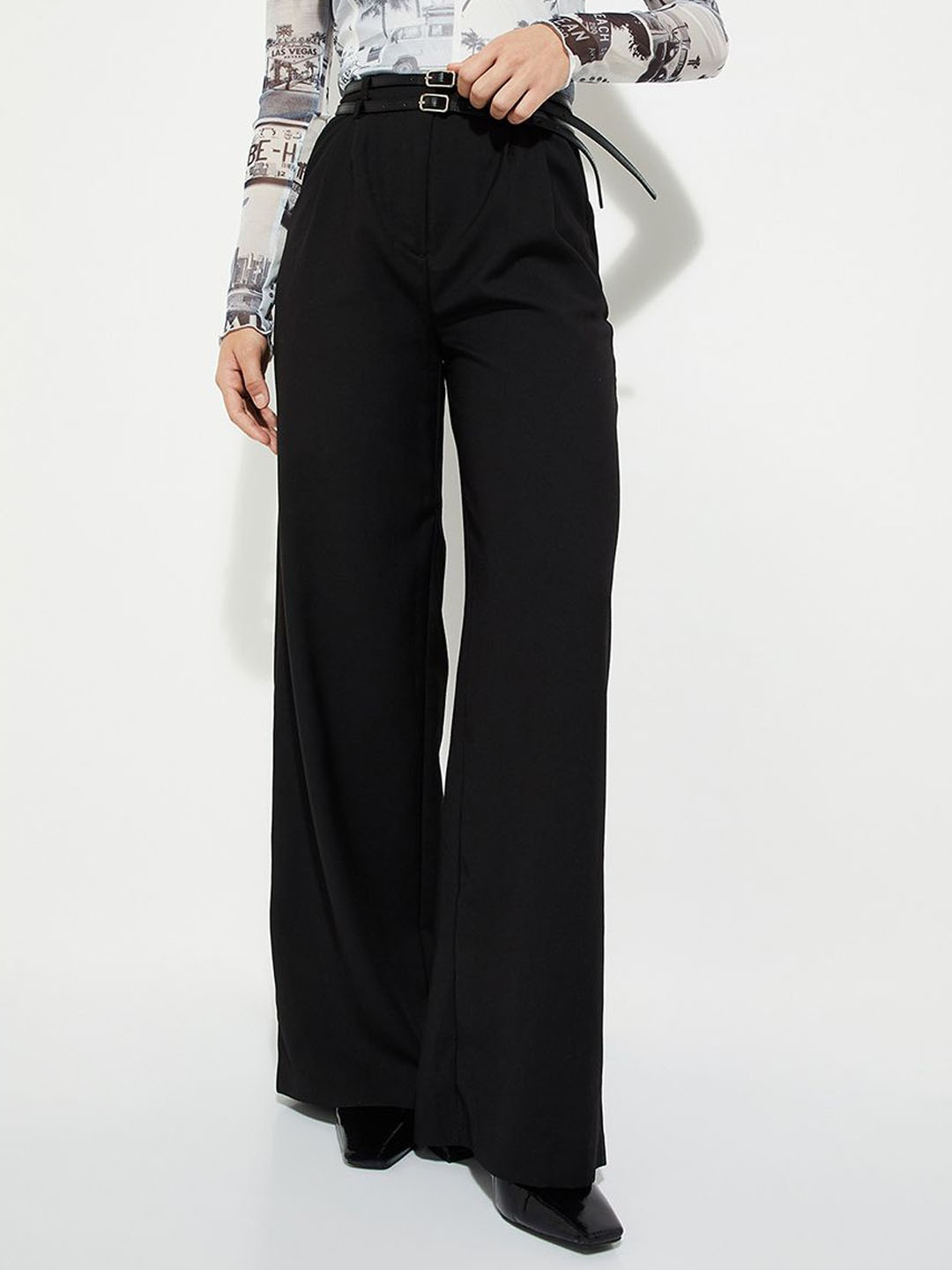

max Women Wide Leg Mide Rise Loose Fit Trousers, Black