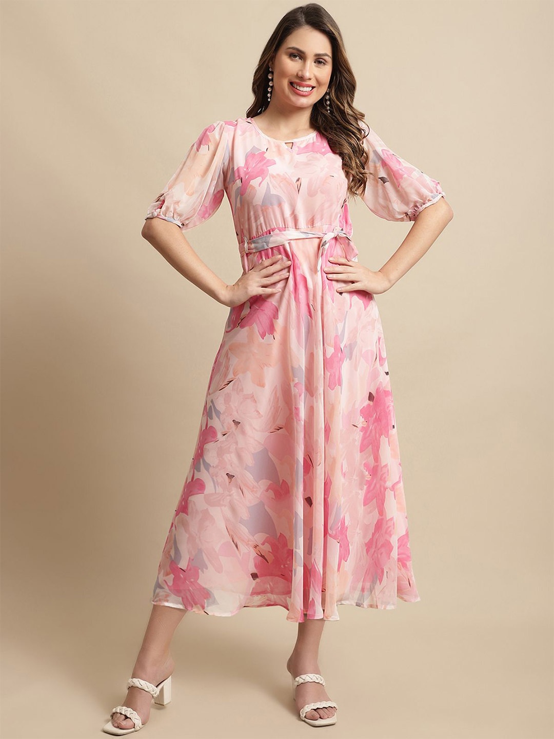 

Metronaut Women Floral Printed Fit & Flare Midi Dress With Belt, Pink