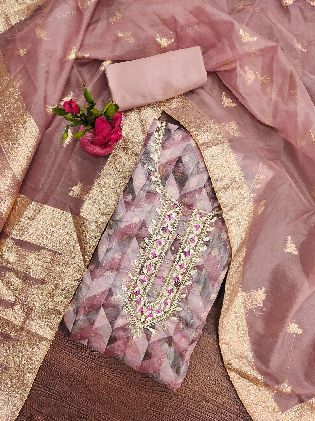 

SHADOW & SAINING Floral Woven Design Zari Organza Jacquard Semi-Stitched Dress Material, Purple