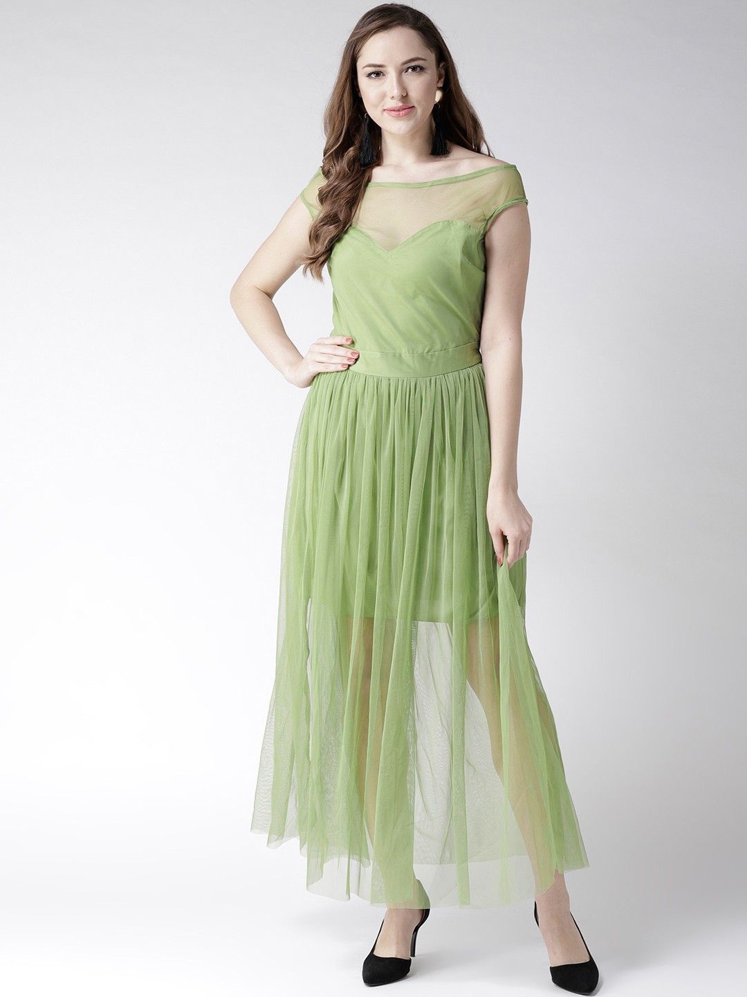 

Moda Rapido Women Net Boat Neck Tulle Maxi Dress, Green