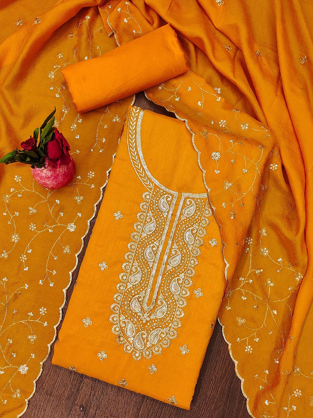 

SHADOW & SAINING Floral Embroidered Sequinned Cotton Unstitched Dress Material, Yellow