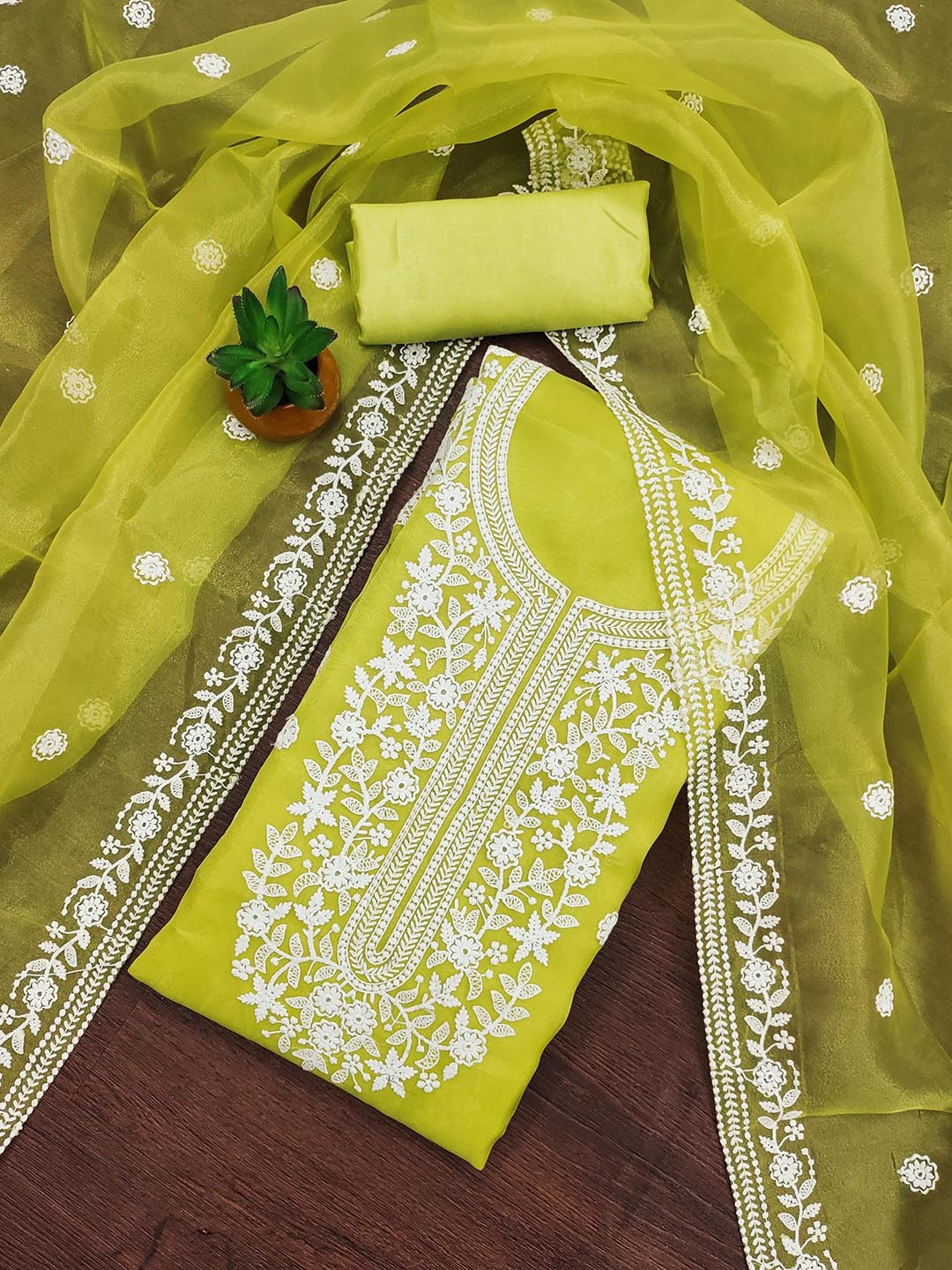

SHADOW & SAINING Floral Embroidered Thread Work Organza Unstitched Dress Material, Lime green