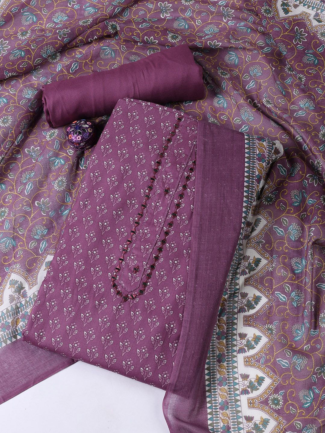 

Meena Bazaar Floral Printed Mirror Work Unstitched Dress Material, Purple