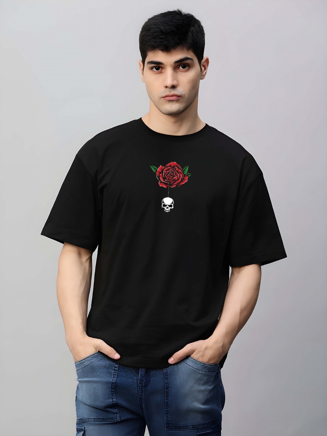 

THE BEETEL HOUSE Graphic Printed Cotton Drop-Shoulder Sleeves T-shirt, Black