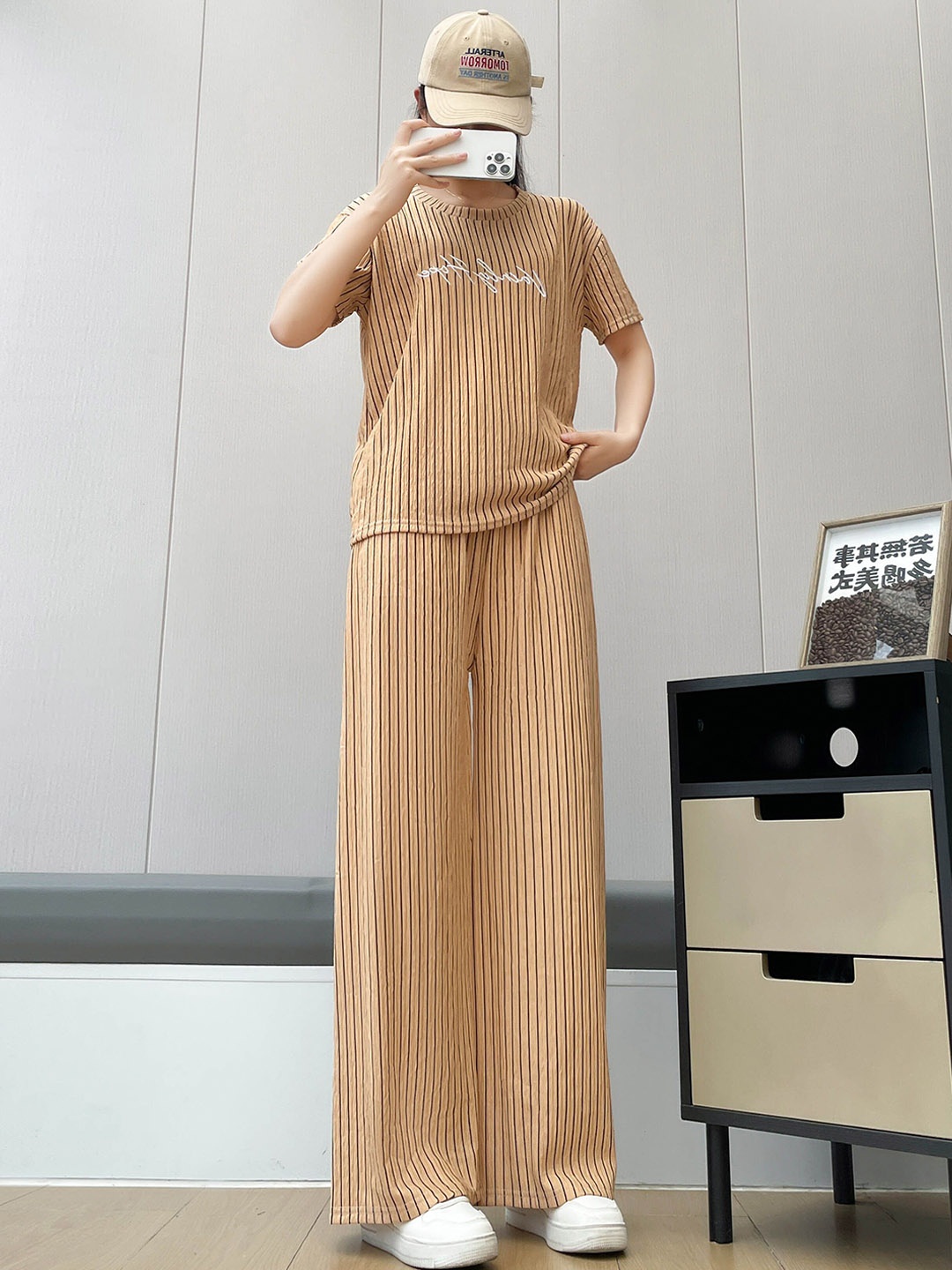 

Lugo Striped Self Design Round Neck T-Shirt With Palazzo, Beige