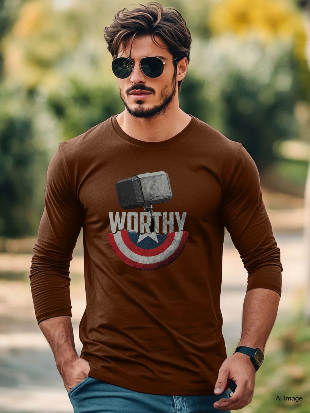 

Genzy Graphic Printed Round Neck Cotton T-shirt, Brown