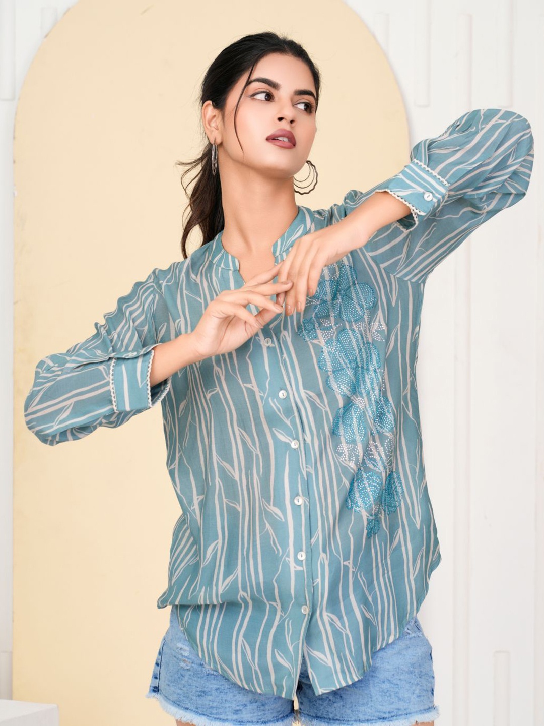 

Kaftanize Women Comfort Mandarin Collar Floral Printed Relaxed Fit Casual Shirts, Blue