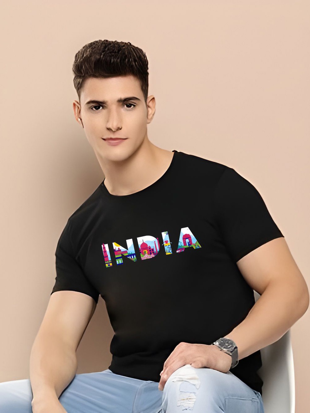 

THE BEETEL HOUSE Men Graphic Printed Round Neck Cotton T-shirt, Black