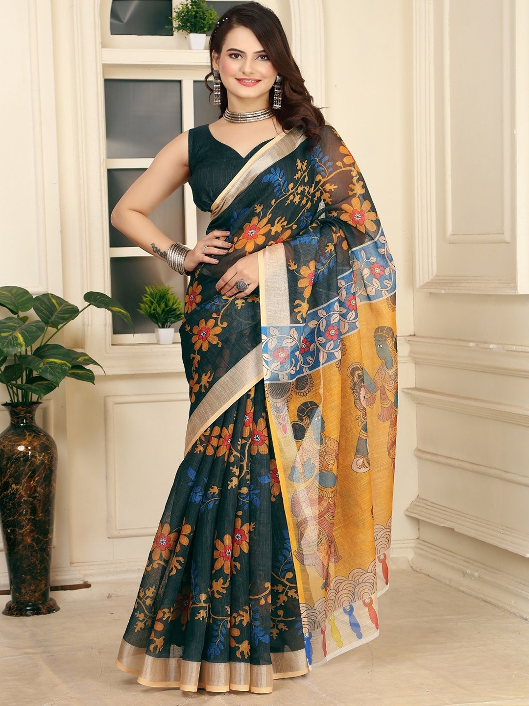 

Mitera Floral Printed Zari Pure Cotton Saree, Black