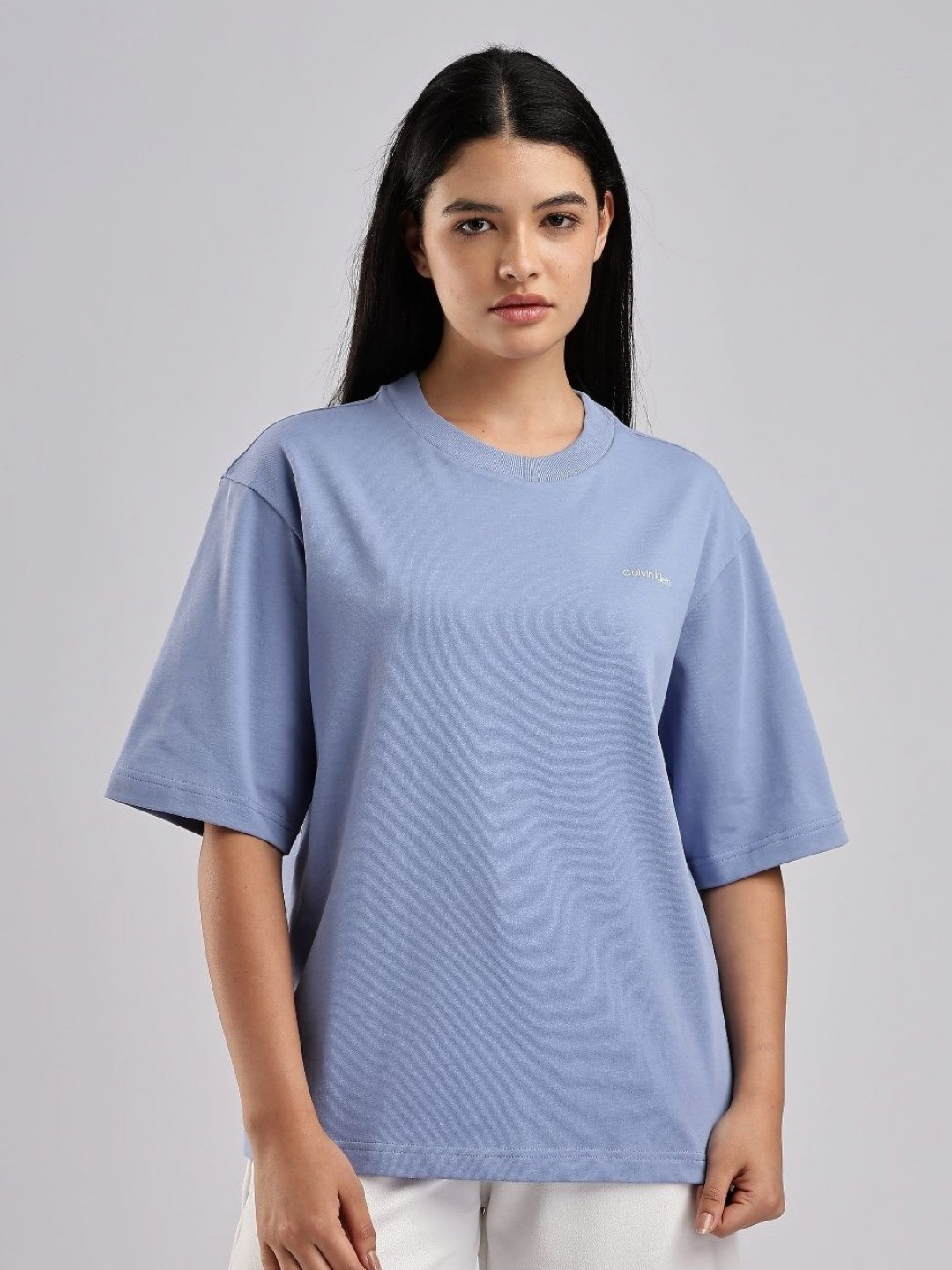 

Calvin Klein Jeans Brand Logo Printed Drop-Shoulder Sleeves Cotton Relaxed Fit T-shirt, Blue