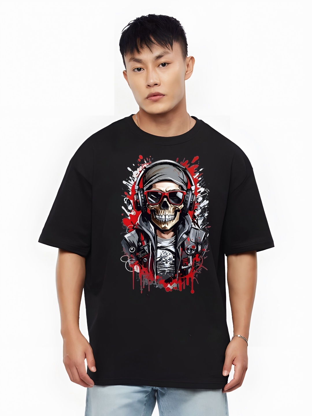 

THE BEETEL HOUSE Men Graphic Printed Round Neck Cotton Oversized T-shirt, Black