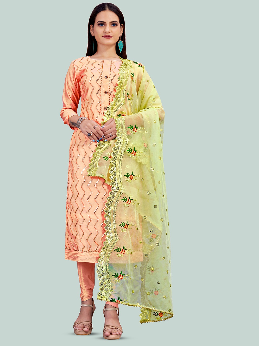 

Maroosh Chervon Embroidered Sequence Chanderi Unstitched Dress Material, Peach