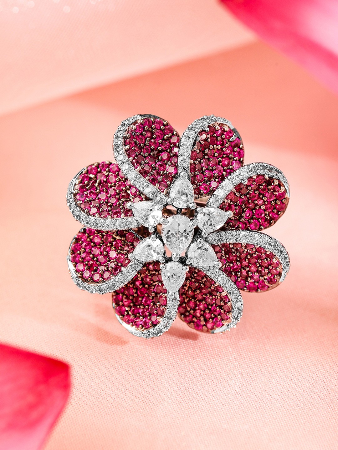 

Rubans Rhodium Plated Cubic Zirconia-Studded Floral Adjustable Finger Ring, Silver