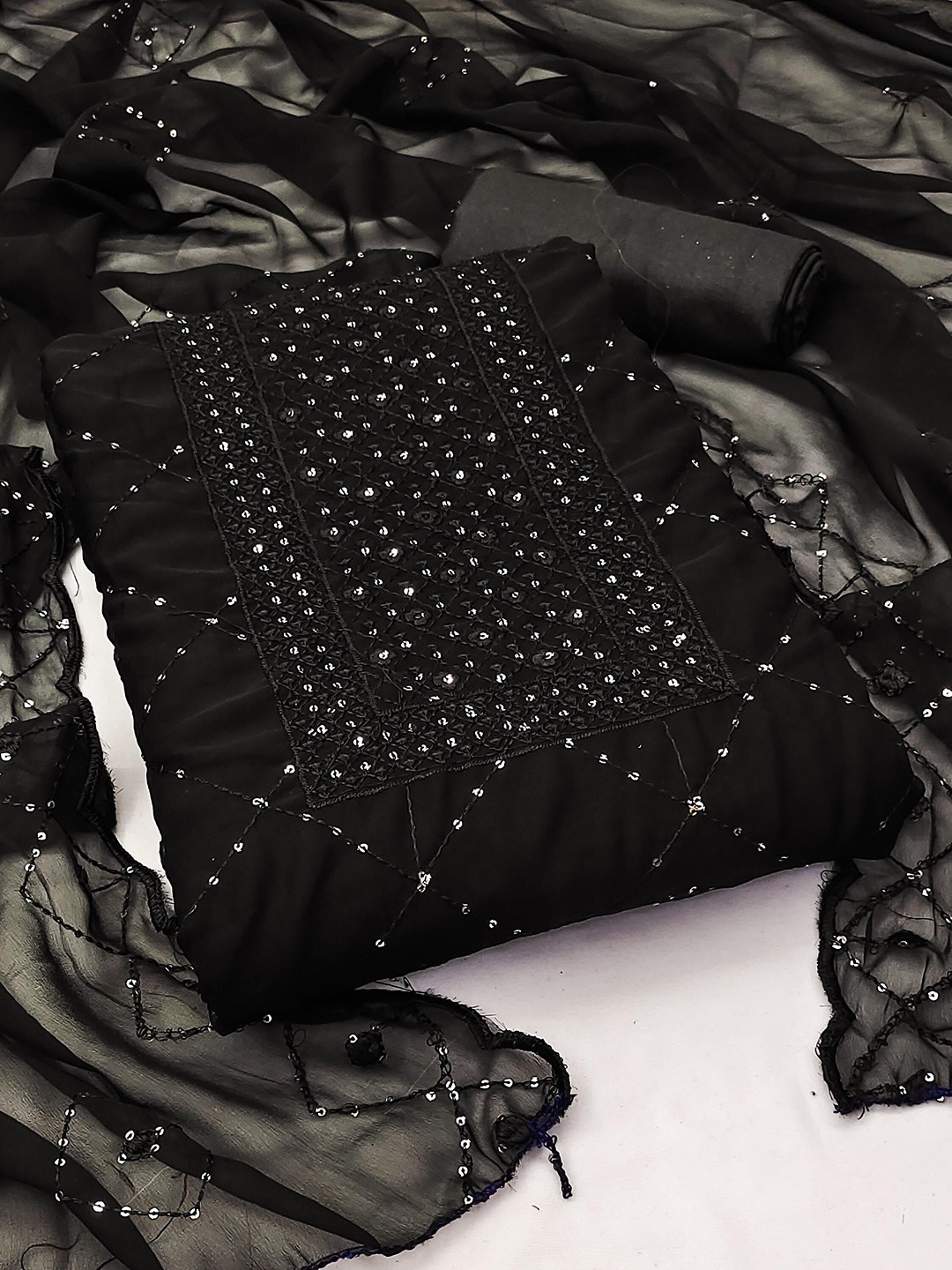 

SHADOW & SAINING Geomteric Embroidered Sequinned Georgette Unstitched Dress Material, Black