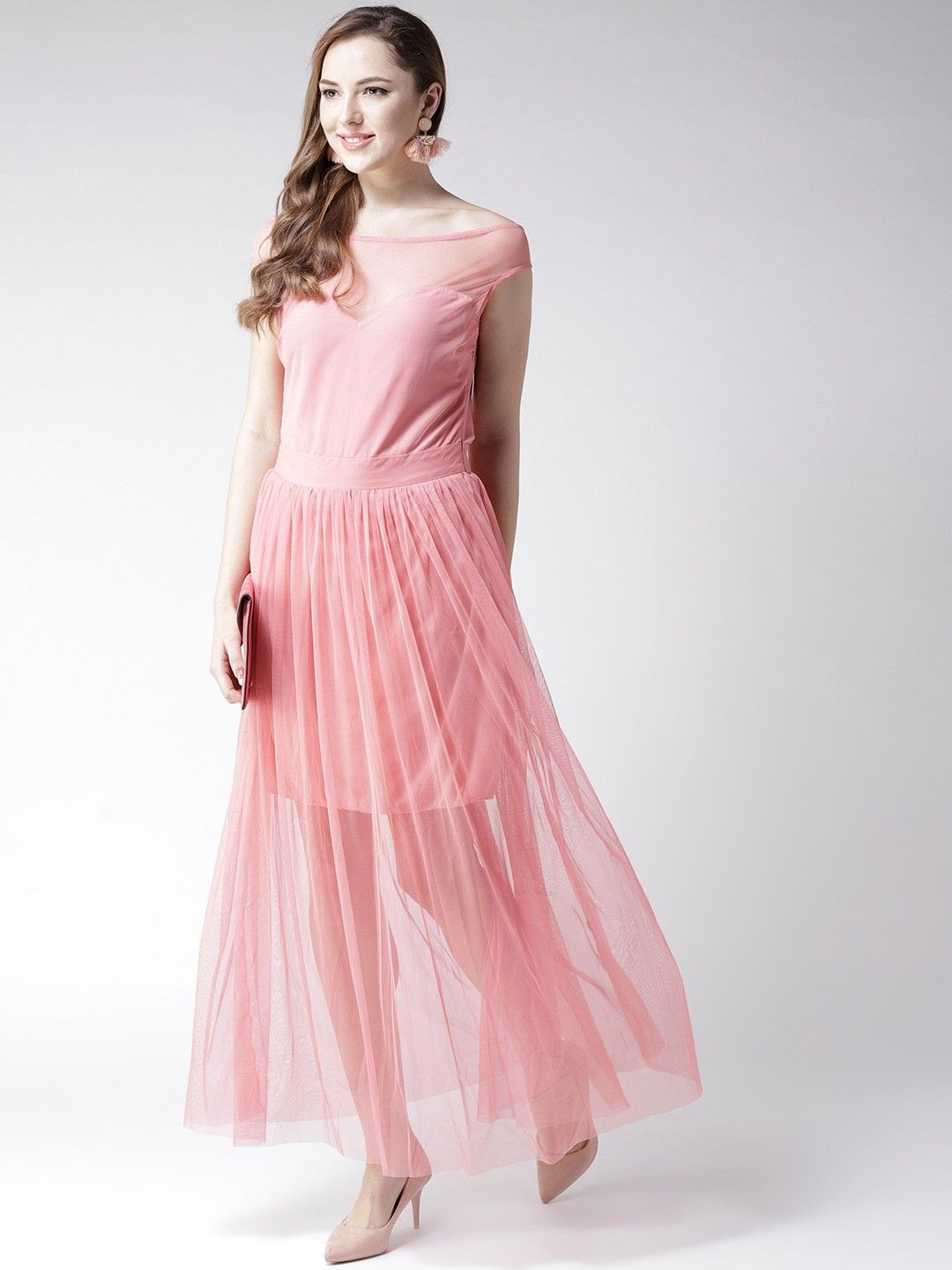

Moda Rapido Boat Neck Cap Sleeves Net Maxi Dress, Pink