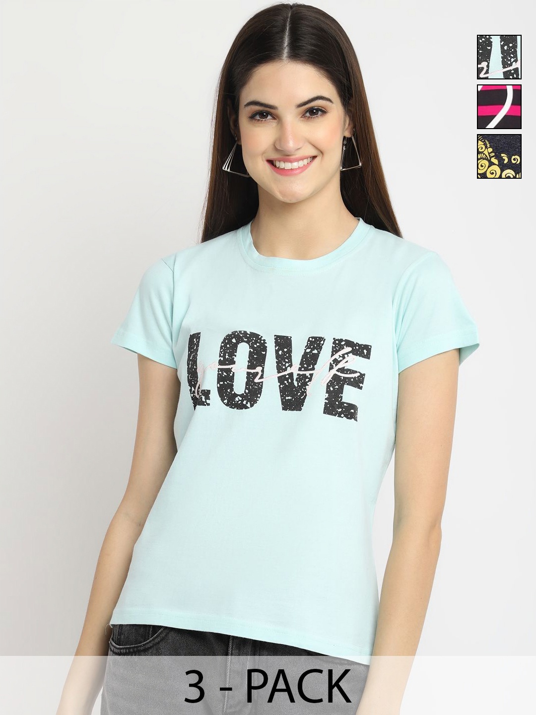 

Dreambe Women Pack of 3 Typography Printed Round Neck Cotton T-shirts, Turquoise blue