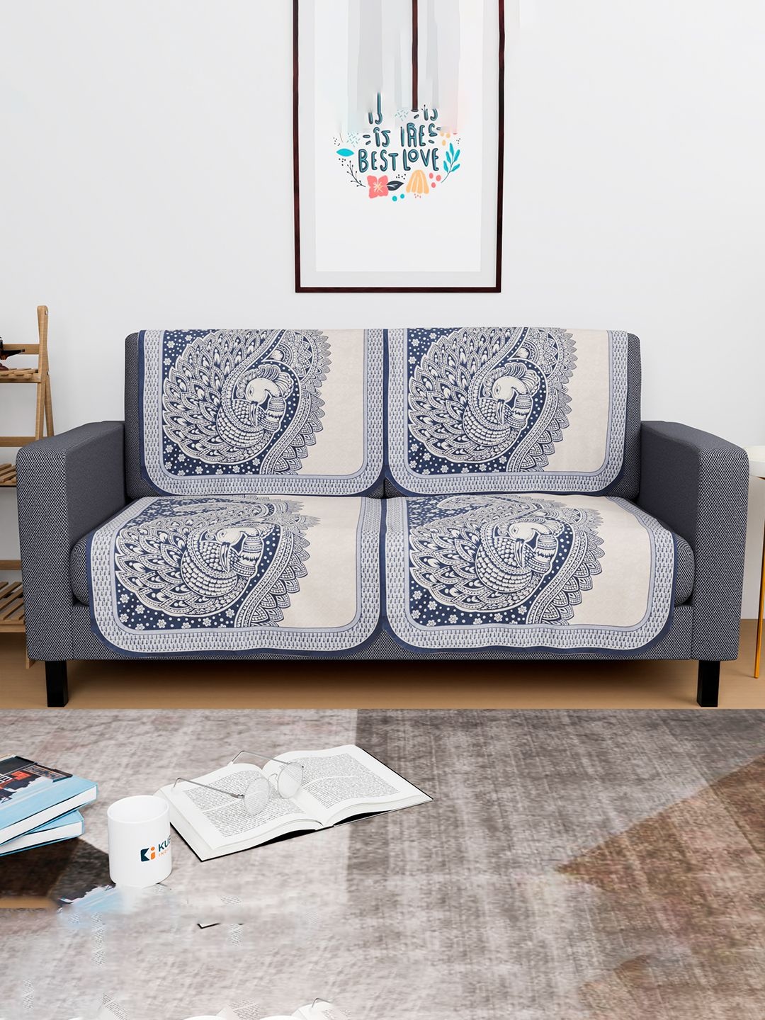 

Kuber Industries Blue & Off White 4 Pieces Self Design Cotton 2 Seater Sofa Covers