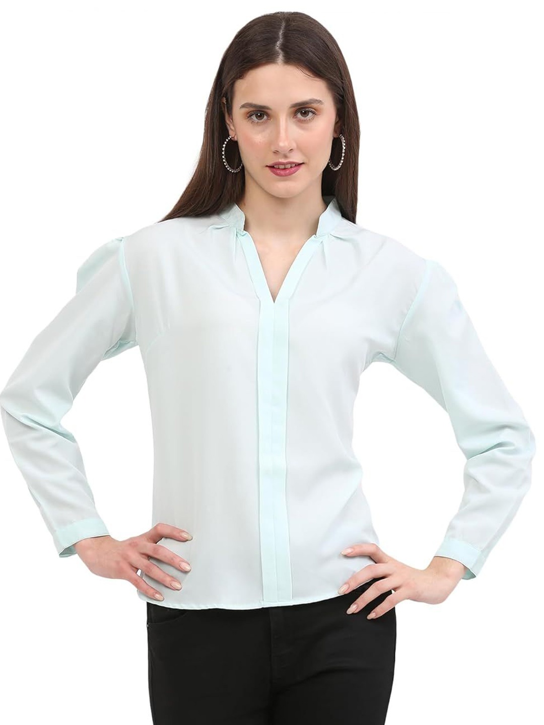 

KEIRAA Standard Mandarin Collar Semi Sheer Shirt, Blue
