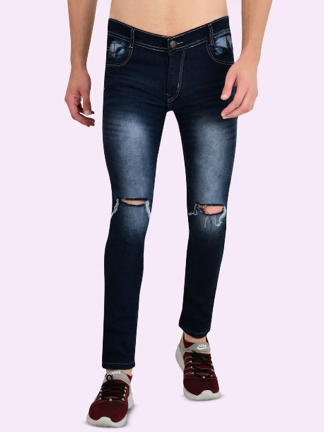 

COMFITS Men Classic Regular Fit Slash Knee Heavy Fade Stretchable Cotton Jeans, Blue